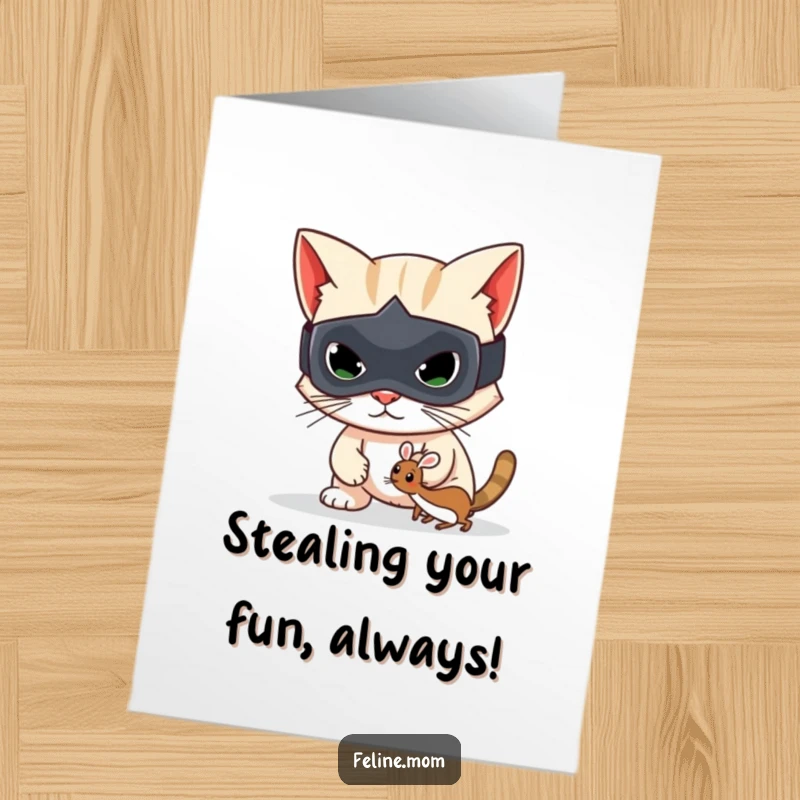 Funny Free Printable Birthday Card featuring a sneaky cat in a tiny bandit mask plotting to steal a toy mouse.