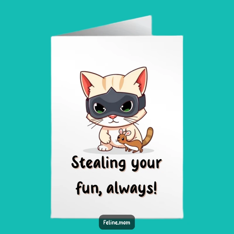 Free Printable Birthday Card: Mischievous Cat Bandit Stealing Fun - Downloadable Gift
