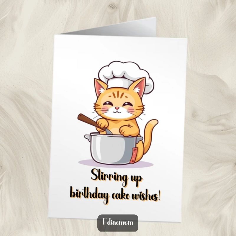 Funny Free Printable Birthday Card: A ginger cat chef in a hat, happily stirring a pot of birthday cheer.