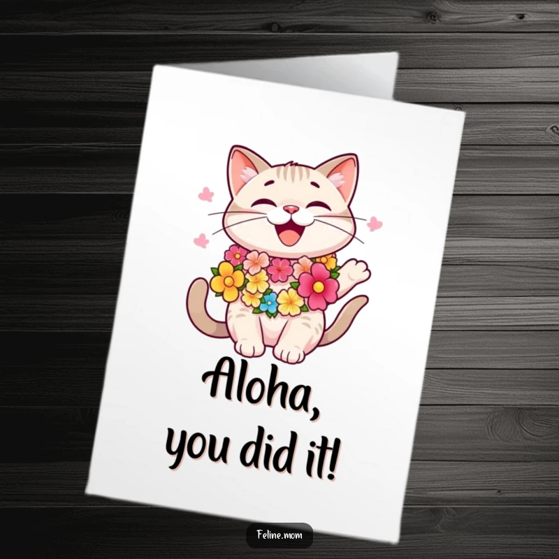 Funny Free Printable Party Cat Congrats Card: Cat wearing a colorful lei celebrates, swaying rhythmically with joy.