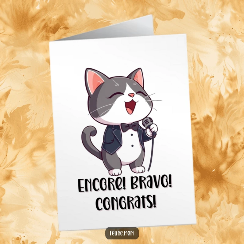 Funny Free Printable Congratulations Card: A tuxedo cat wearing a tiny microphone sings its heart out, celebrating success.