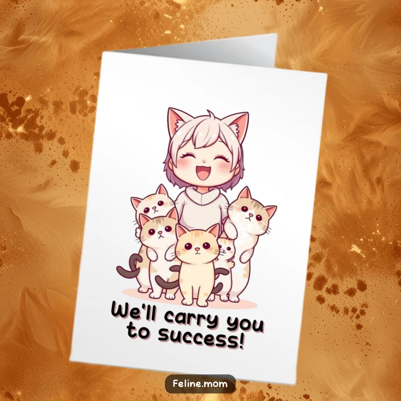 Funny Free Printable Congratulations Card: A delighted cat lady is being carried by several supportive cats, celebrating success.