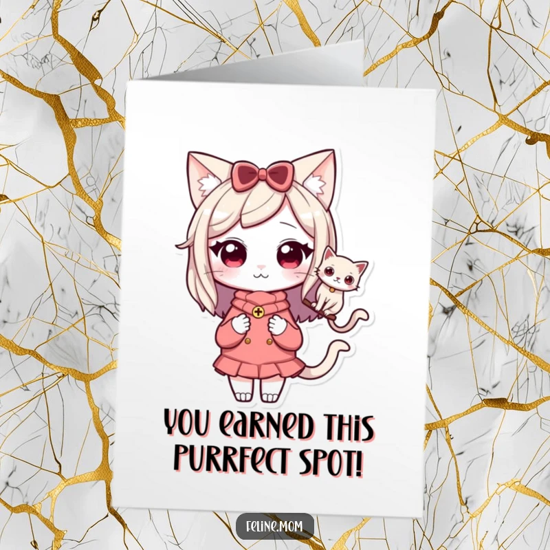 Funny free printable congratulations card showing a Kawaii cat lady with a cat perched on her shoulder, celebrating achievements together.