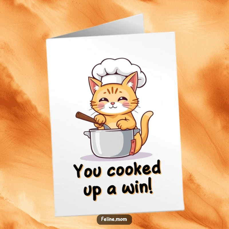 Funny Free Printable Congratulations Card: A ginger cat wearing a chef hat, stirring a pot with a proud expression.