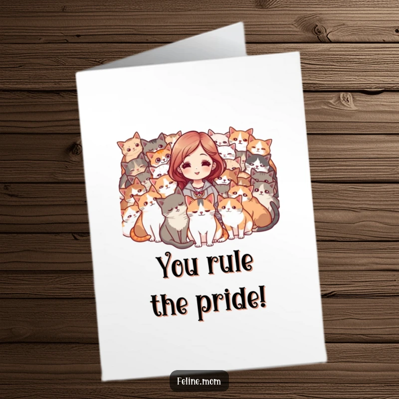Funny free printable congratulations card: woman surrounded by a purring mob of cats, basking in their adoration.