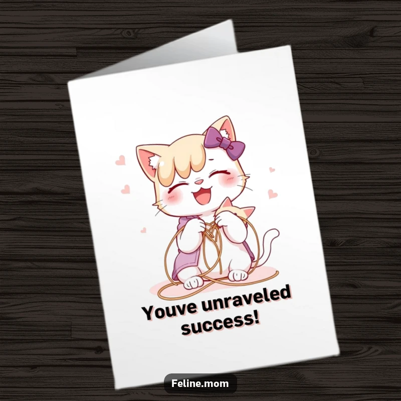 Funny Free Printable Congrats Card: A cat lady joyfully freeing a cat from a tangled mess of string.