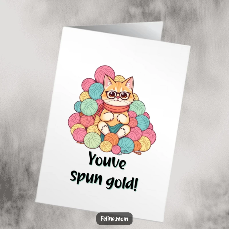 Funny Free Printable Congrats Card: A cat lady joyfully amidst a comical mountain of yarn balls, celebrating wins.