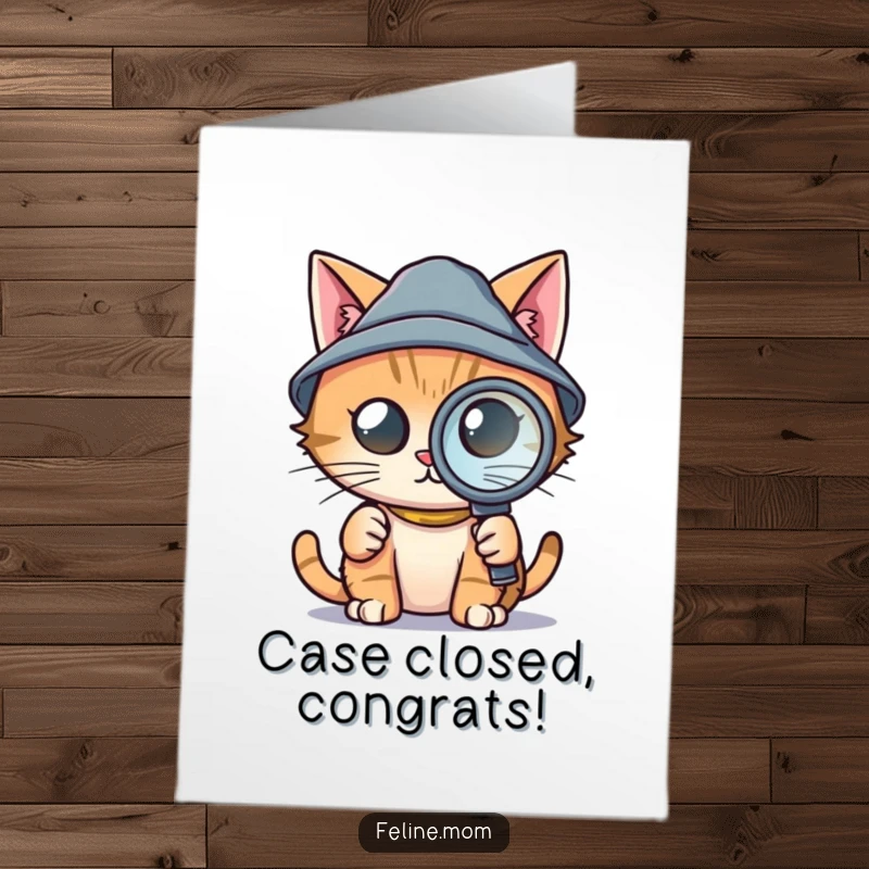 Funny Free Printable Congratulations Card: A cat wearing a detective hat intently examines clues with a magnifying glass.