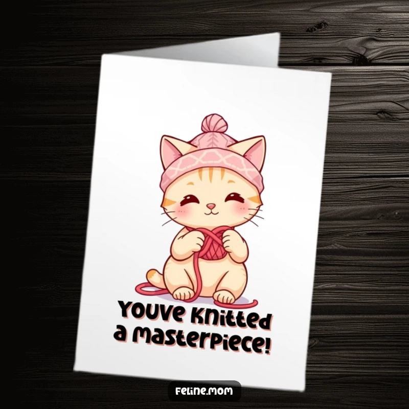 Funny Free Printable Congratulations Card: Cute cat character wearing a tiny yarn hat and knitting a success.