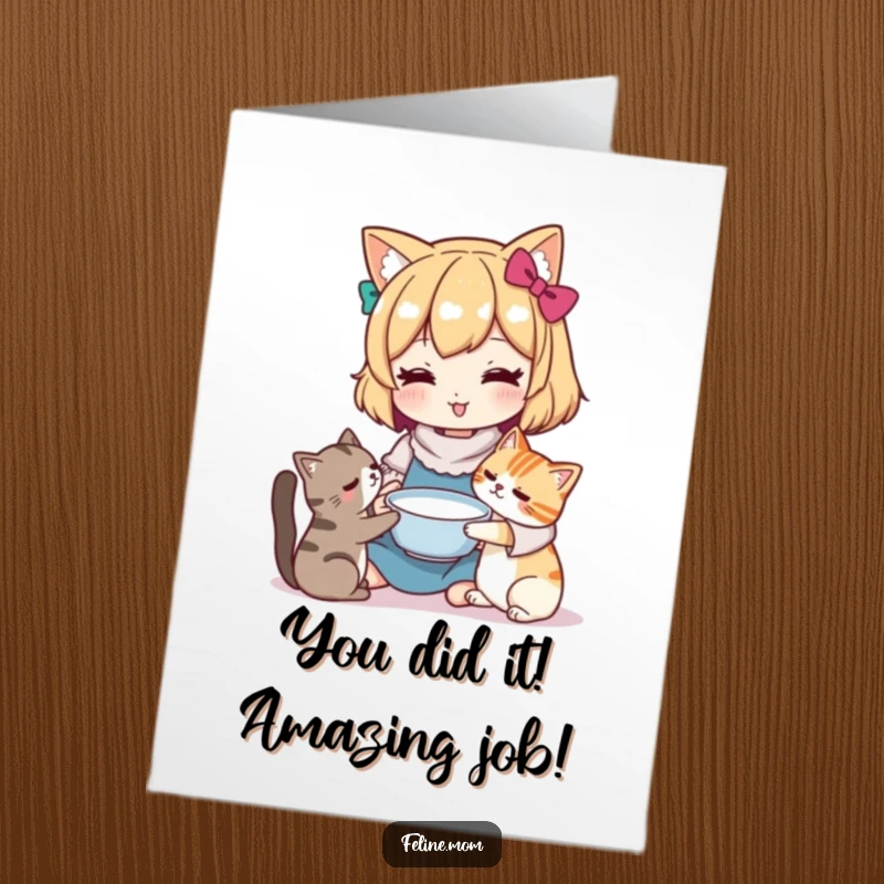 Funny Free Printable Congratulations Card: Kawaii cat lady offering milk to a cat, celebrating your success.