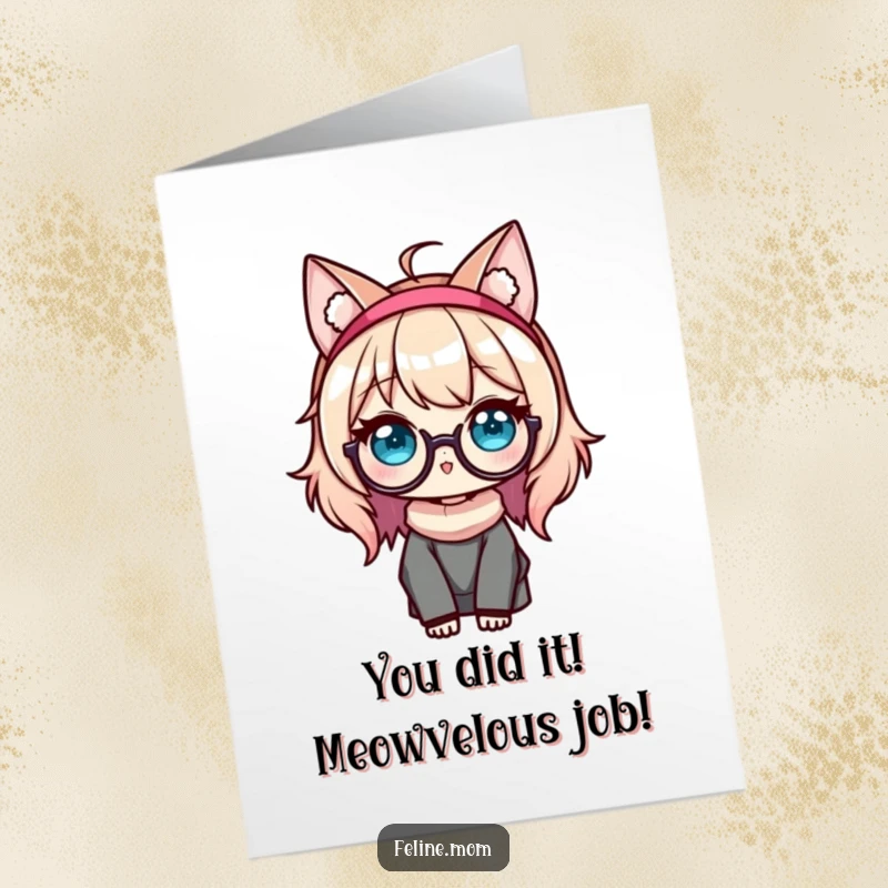 Funny free printable congratulations card showing a Kawaii cat lady in ear headband and glasses, ready to celebrate achievements.