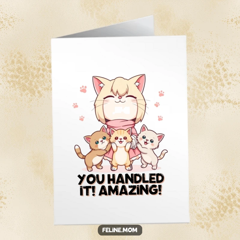 Funny Free Printable Congrats Card: Kawaii cat lady juggling three playful kittens, a sweet celebration of success.