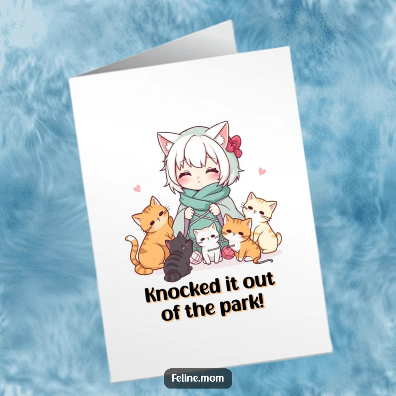 Funny Free Printable Congratulations Card: Kawaii cat lady tangled in yarn with cats playing, celebrating your success.