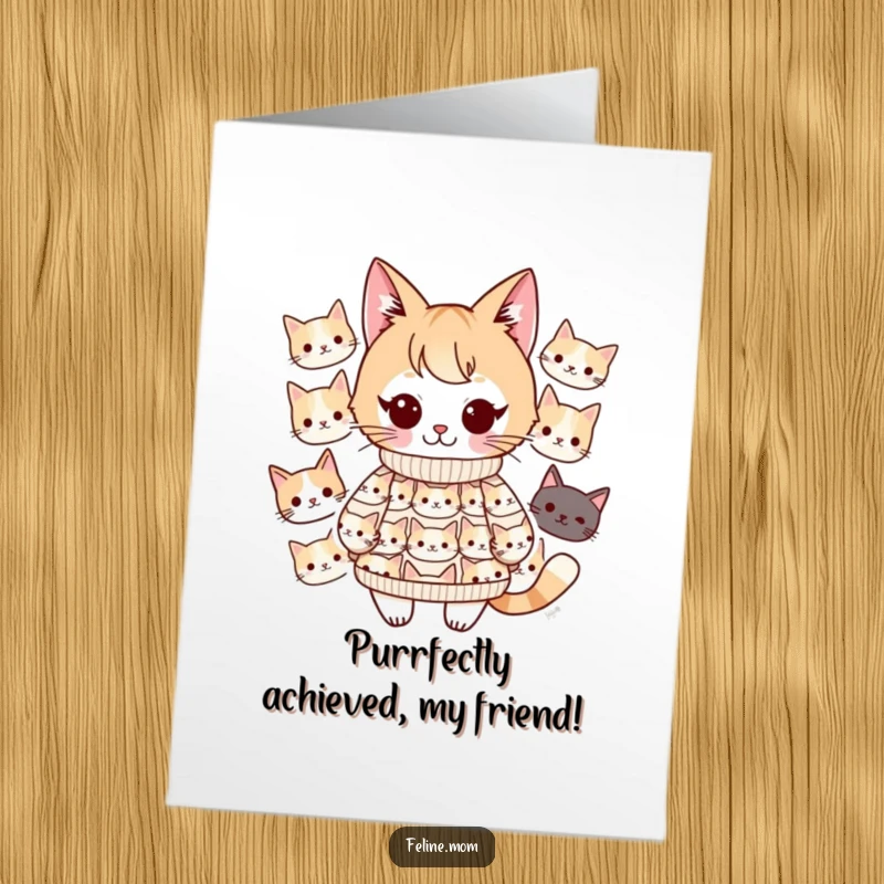 Funny Free Printable Congratulations Card: Kawaii cat lady in a cat-face sweater, celebrating your big win.