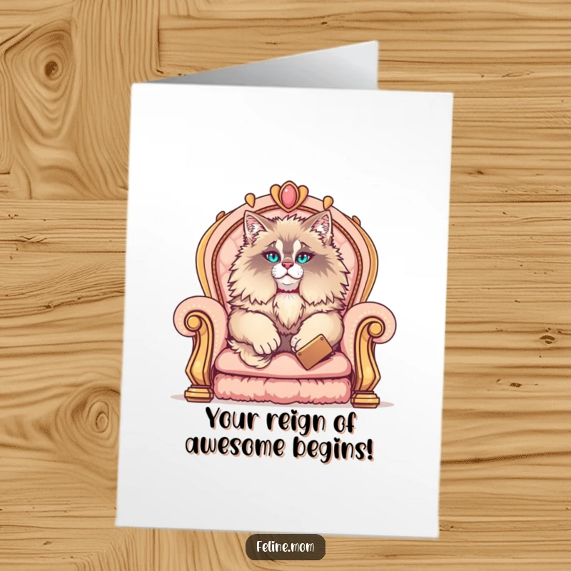 Funny Free Printable Maine Coon Congratulations Card featuring a fluffy cat king on a throne, celebrating a grand achievement.