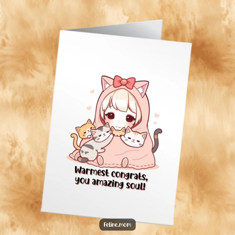 Funny free printable congratulations card showing a Kawaii cat lady sharing a blanket with her cats, conveying warmth.
