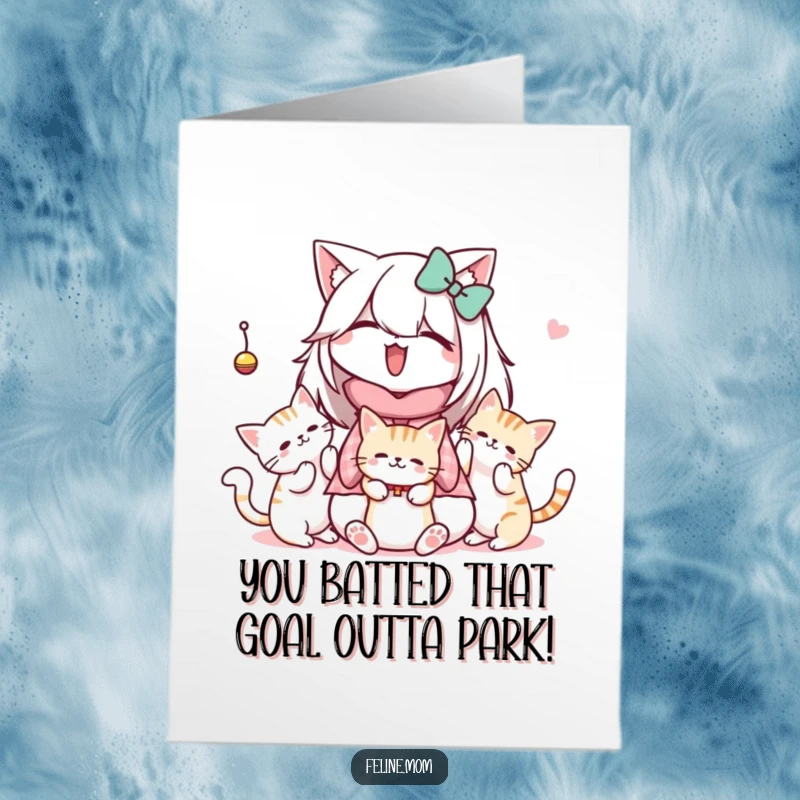 Funny free printable congratulations card showing a Kawaii cat lady surrounded by cats gleefully batting at a dangling toy.