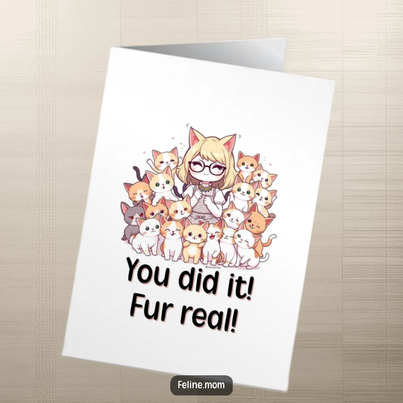 Funny Free Printable Congratulations Card: A happy cat lady beams as a playful group of kittens surrounds her in celebration.