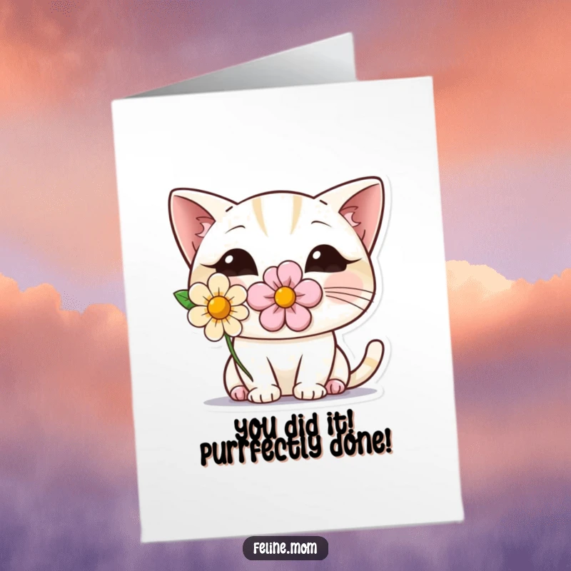 Funny Free Printable Congratulations Card: Shy cat with flower peeking, expressing gentle humor and joy for any occasion.