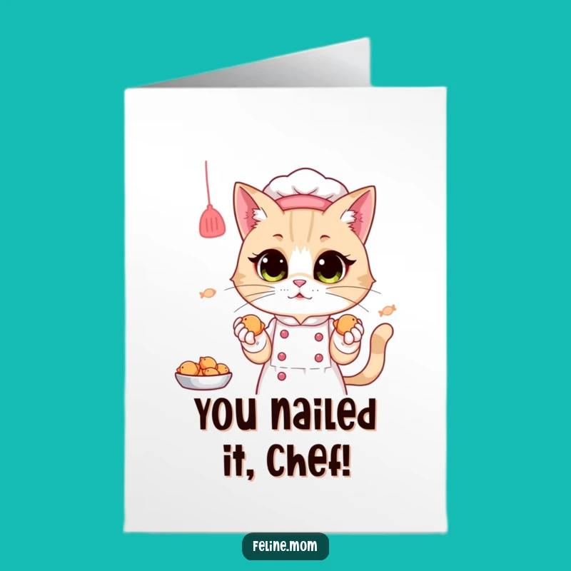 Free Printable Congrats Card: Funny Cat Lady Chef Baking Fish Treats Downloadable Gift
