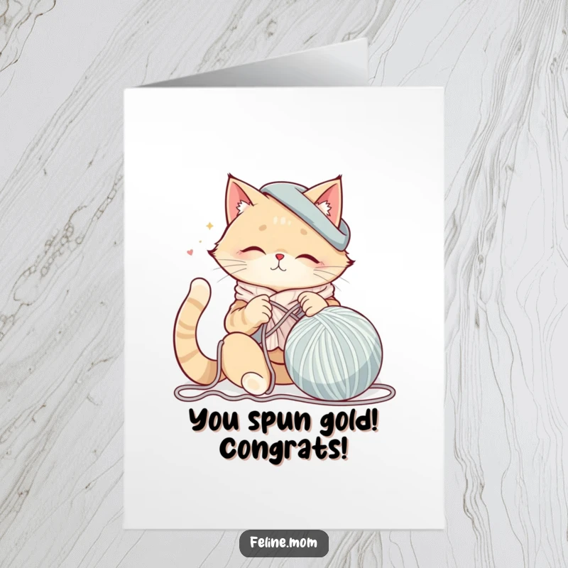 Funny Free Printable Congratulations Card: A happy cat lady is busy knitting a massive ball of yarn, celebrating a job well done.