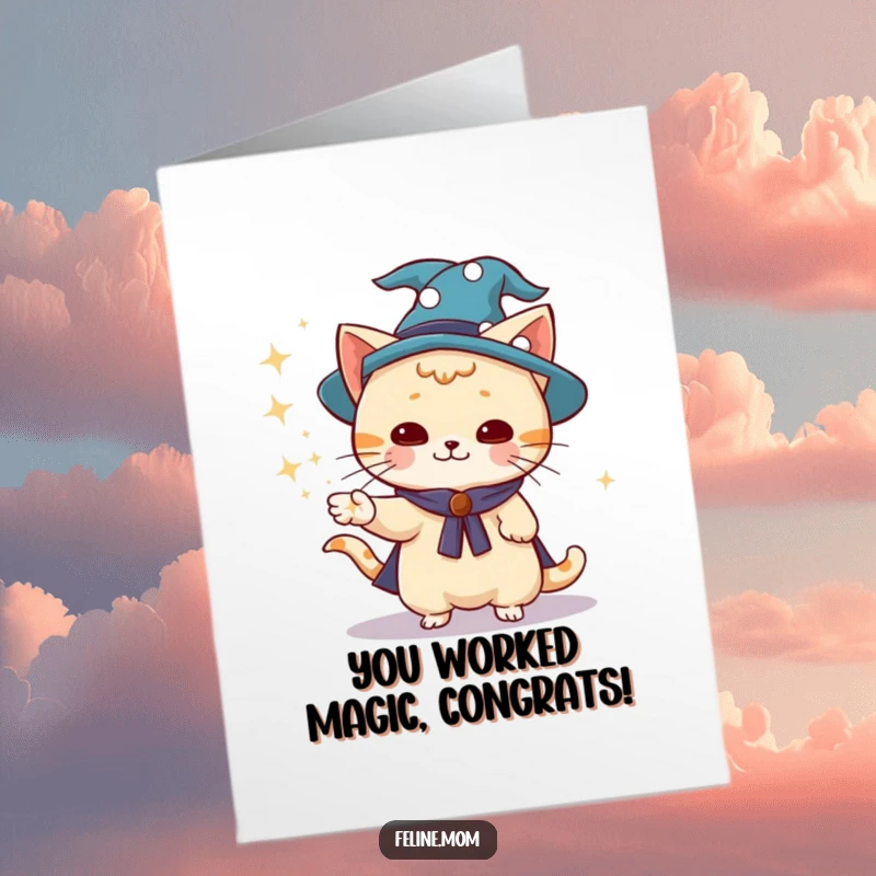 Funny Free Printable Wizard Cat Congrats Card: Enchanting feline conjures magical dust, celebrating success with humor.