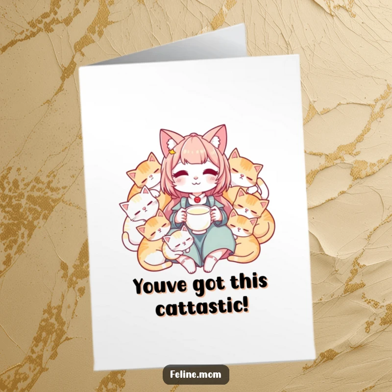 Funny Free Printable Congratulations Card showing a tranquil cat lady with snoozing cats around her, holding milk, perfect for celebrating achievements.