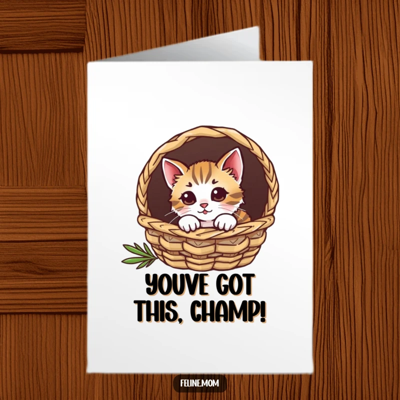 Funny free printable congratulations card: A curious cat peeks playfully from a cozy basket, celebrating achievements.