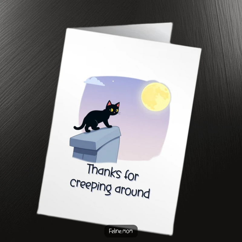 Funny Free Printable Black Cat Thank You Card depicting a cat moving silently across a moonlit rooftop, offering thanks from the shadows.