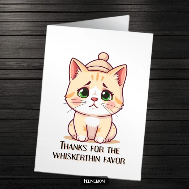 Funny Free Printable Thank You Card: A cat with a tiny hat on its head looks bewildered, a funny way to say thanks.