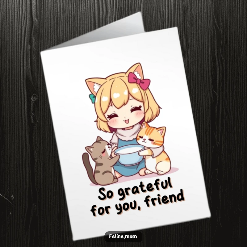 Funny Free Printable Thank You Card: Kawaii cat lady offering milk to a cat, expressing thankful gestures.
