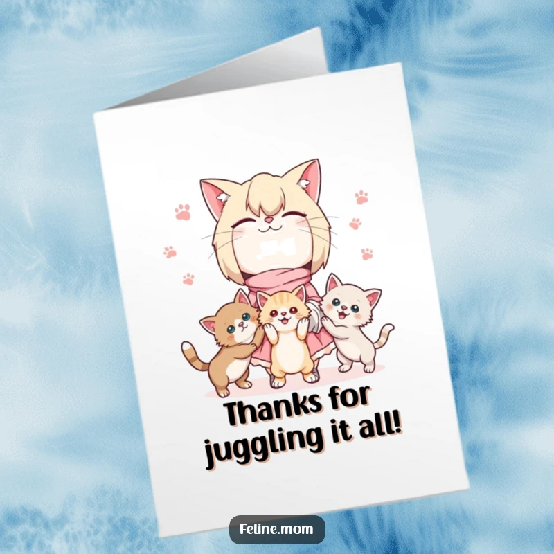 Funny Free Printable Thank You Card: Kawaii cat lady juggling three playful kittens, a delightful way to express thanks.