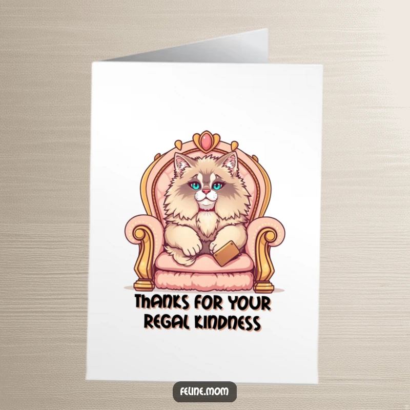 Funny Free Printable Maine Coon Thank You Card, a fluffy cat king on his throne, bestowing gracious thanks.