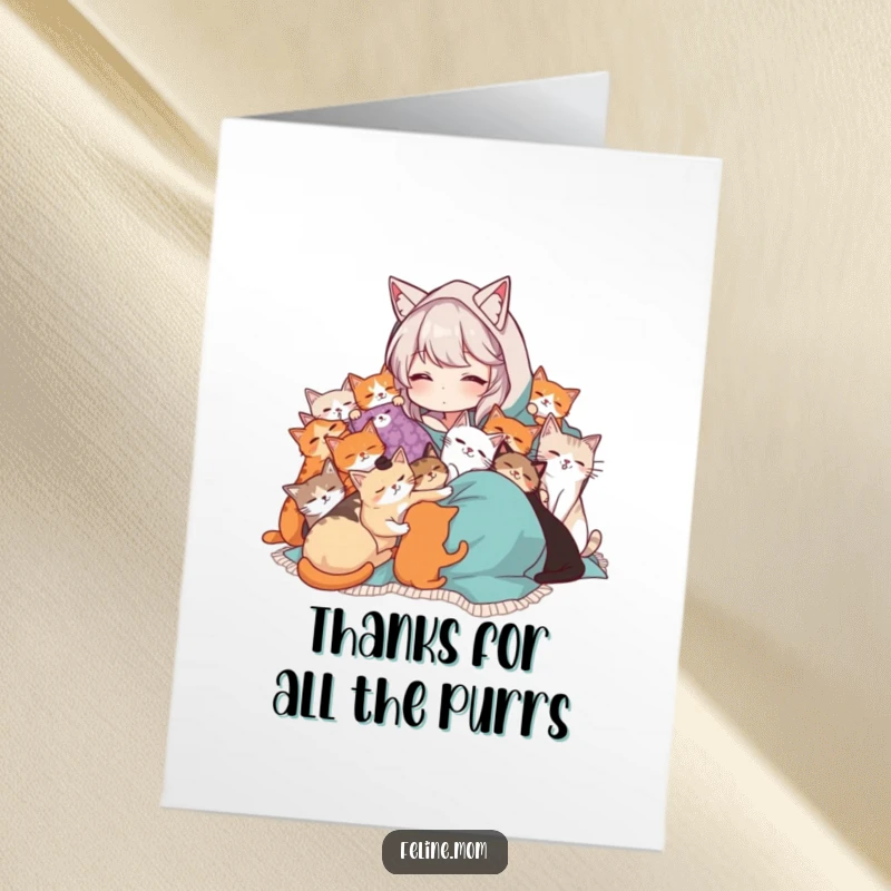 Funny Free Printable Thank You Card: A cat lady enjoys ultimate comfort draped in a blanket, surrounded by loving cats.