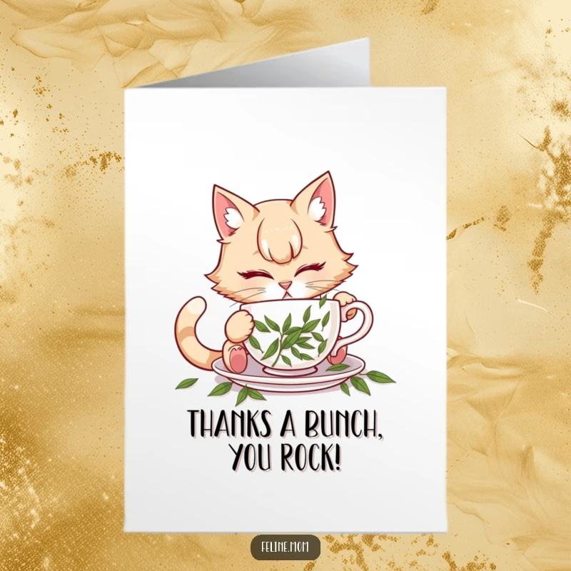 Funny Free Printable Thank You Card: A cat lady curiously trying to drink from a teacup brimming with catnip.