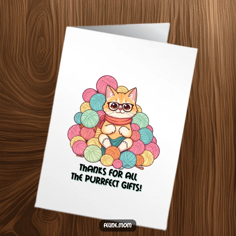 Funny Free Printable Thank You Card: A cat lady surrounded by a huge, funny pile of yarn balls, expressing thanks.
