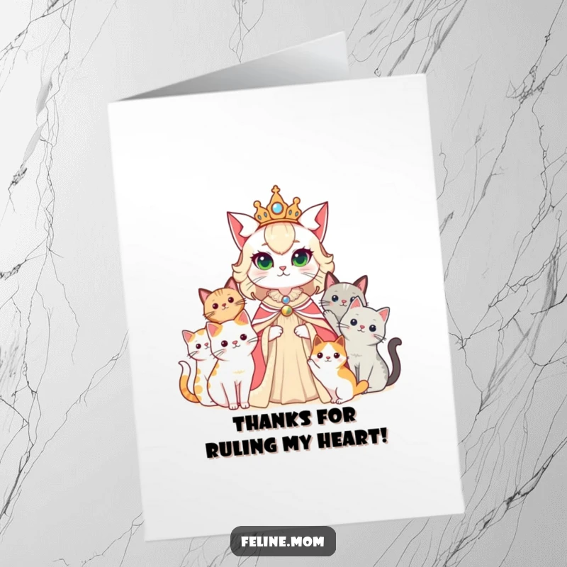 Funny Free Printable Thank You Card: A cat lady queen, surrounded by her cat court, bestowing thanks.