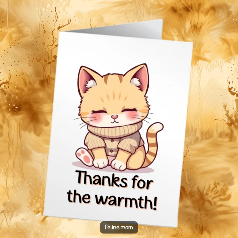 Funny Free Printable Thank You Card: A cat in a knitted sweater, enjoying a delightful nap in a sunbeam.