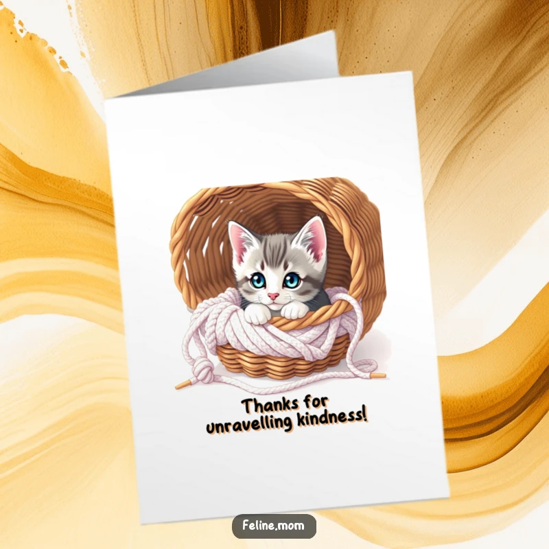 Funny Free Printable Thank You Card with a curious kitten peeking from a knitting basket, a sweet print-at-home gesture of gratitude.