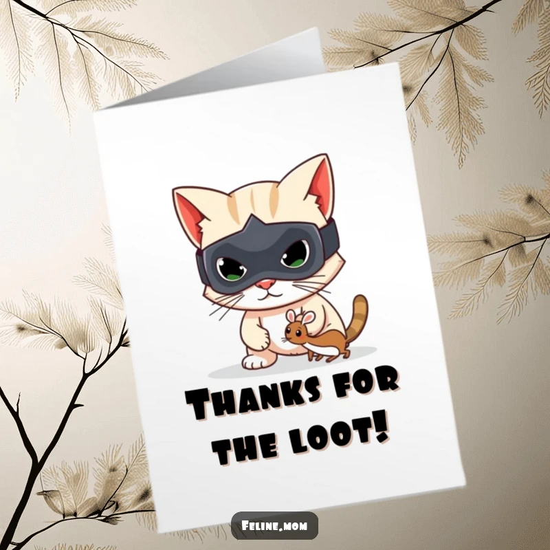 Funny Free Printable Thank You Card: A masked cat bandit winks while holding a toy mouse, expressing thanks.