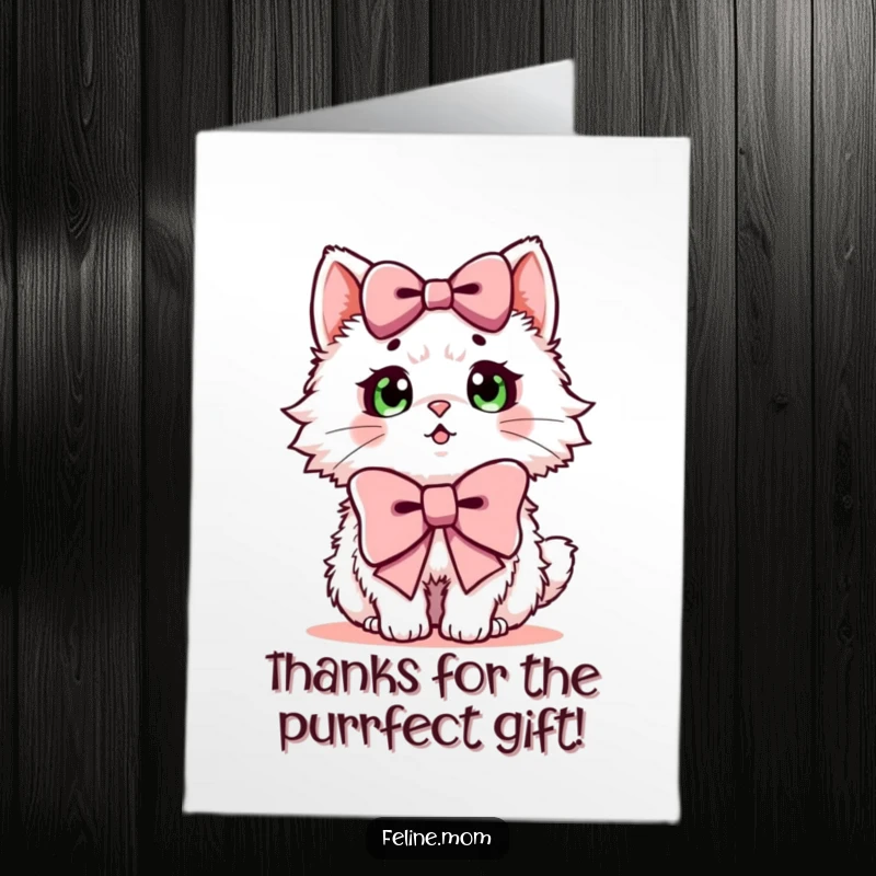Funny Free Printable Thank You Card: A fluffy cat wearing a big bow looks genuinely surprised, saying thanks.