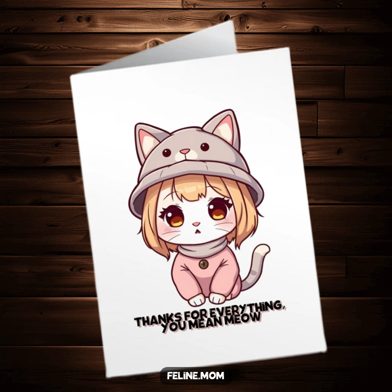 Funny Free Printable Thank You Card: A cat lady sporting a cat-eared hat, expressing sincere gratitude with a warm smile.