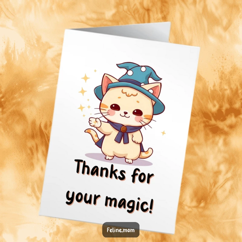 Funny Free Printable Wizard Cat Thank You Card: Adorable cat wizard conjures sparkling dust, expressing thanks playfully.