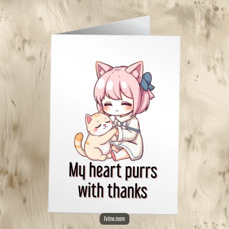 Funny Free Printable Thank You Card: Kawaii cat lady petting a purring cat, offering sincere thanks.