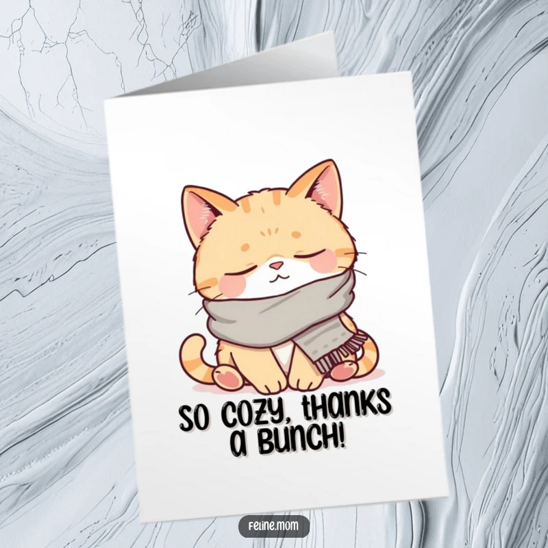 Funny Free Printable Thank You Card: Content cat in a scarf napping, a humorous and cozy way to express gratitude.