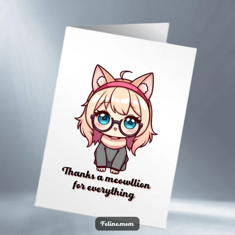 Funny free printable thank you card featuring a Kawaii cat lady with an ear headband and glasses, expressing sincere thanks.