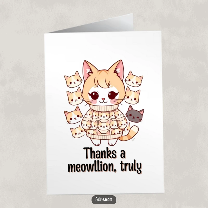 Funny Free Printable Thank You Card: Kawaii cat lady in a cat-face sweater, expressing heartfelt thanks.