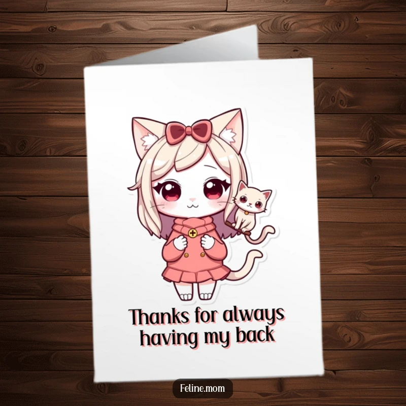 Funny free printable thank you card featuring a Kawaii cat lady with a companion cat perched on her shoulder, showing gratitude.