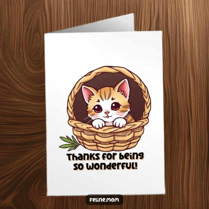 Funny free printable thank you card: A curious cat peeks from a basket, sending thanks with a hint of mystery.