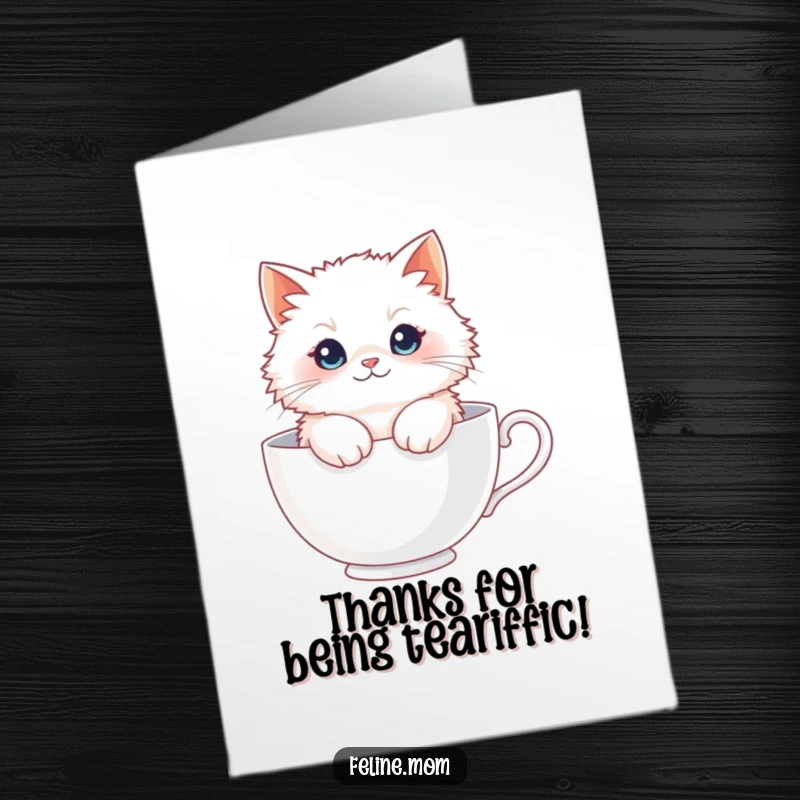 Funny Free Printable Thank You Card featuring a fluffy white cat relaxing in a giant teacup, a delightful print-at-home way to show appreciation.